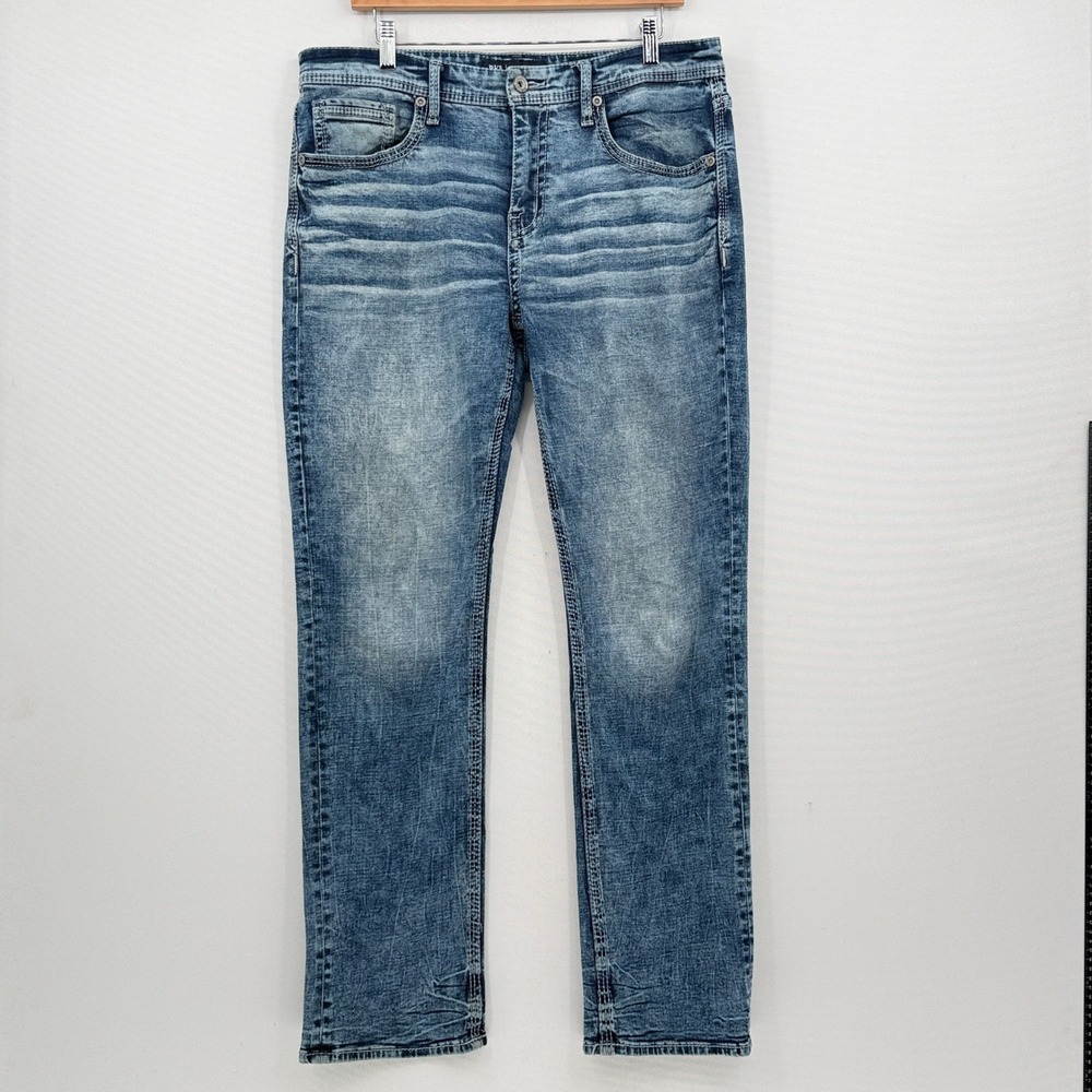 BKE Jake Straight Jeans Mens 34x32 Blue Acid Wash Whiskered Y2K Grunge Rocker